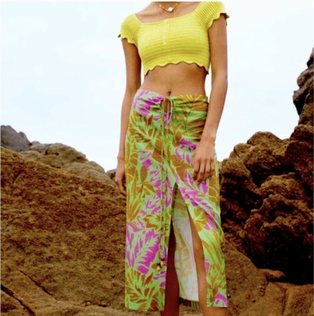 Zara Green and Pink Floral Maxi Skirt